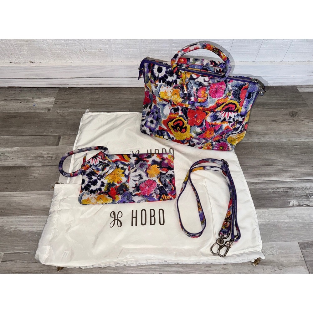 HOBO Handbag Set Women Multicolor Floral Suede Satchel Crossbody & Wristlet OS